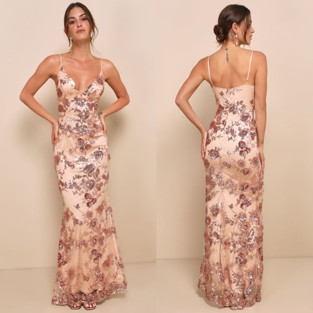 Lulu's Shine Language Rose Gold Sequin Mermaid Maxi Dress Wedding Party Guest